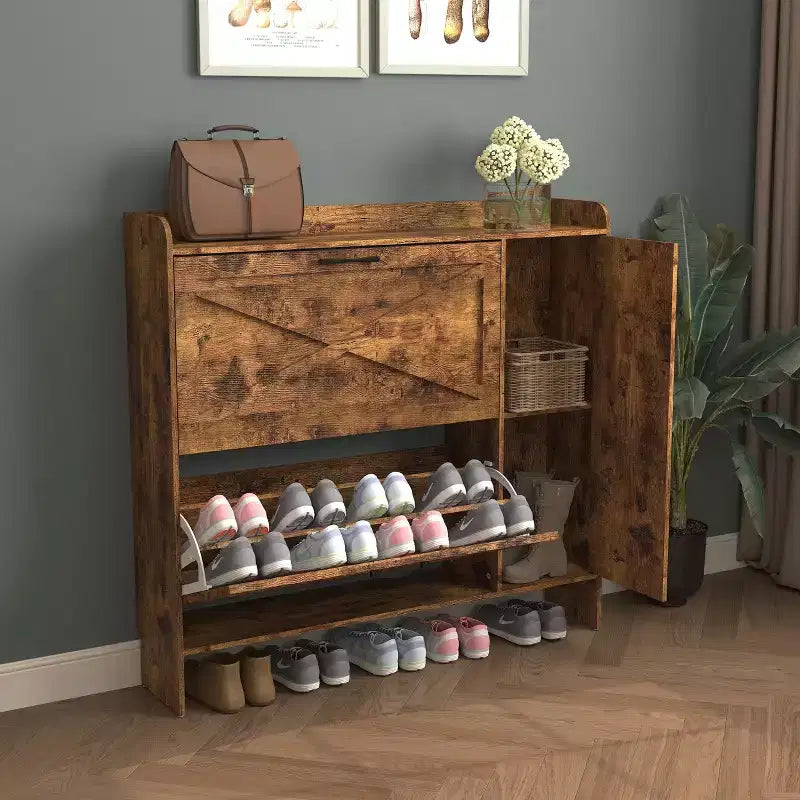 Meuble à chaussures autoportant brun rustique de 104 cm – MDF, 2 tiroirs basculants et portes miroir, rangement étroit pour entrée, personnalisable