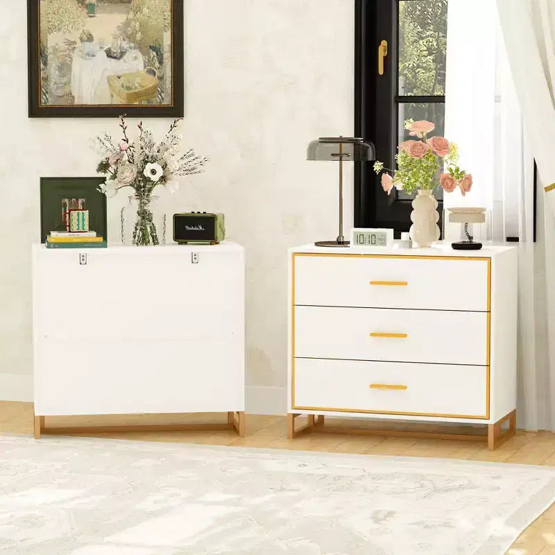 Table de chevet moderne noire/blanche et or, cadre métallique ouvert, 3 tiroirs de rangement pour chambre à coucher, table d'appoint de salon