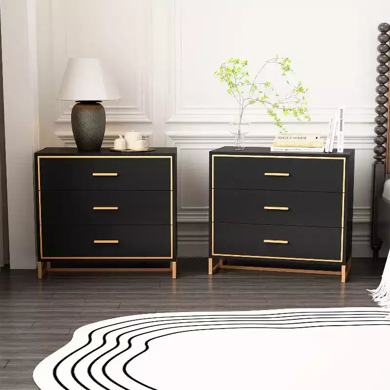 Table de chevet moderne noire/blanche et or, cadre métallique ouvert, 3 tiroirs de rangement pour chambre à coucher, table d'appoint de salon