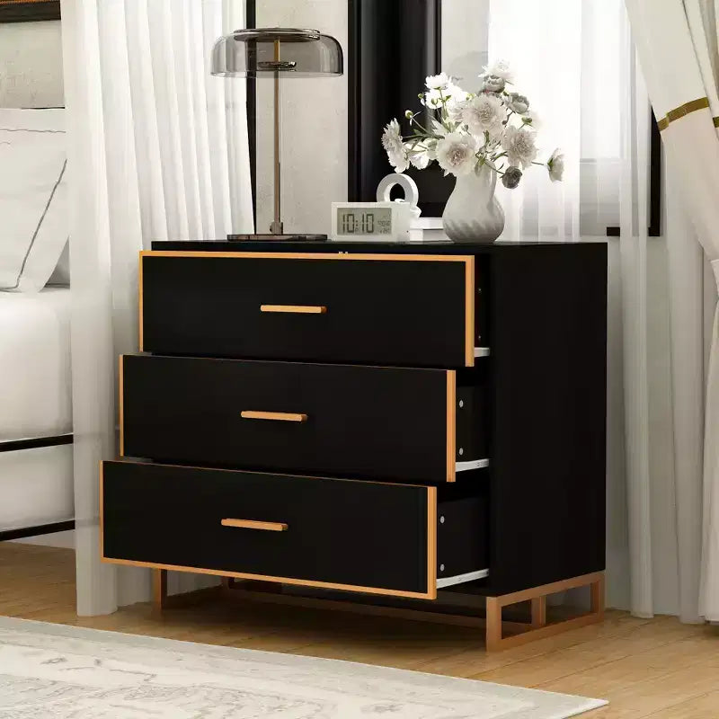 Table de chevet moderne noire/blanche et or, cadre métallique ouvert, 3 tiroirs de rangement pour chambre à coucher, table d'appoint de salon