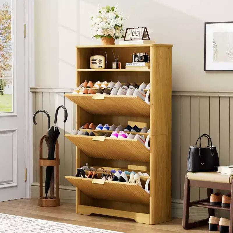 Meuble à chaussures autoportant de 54 po de hauteur - Panneaux de particules naturels + MDF, 3 tiroirs à abattant, étagères réglables, rangement caché pour entrée