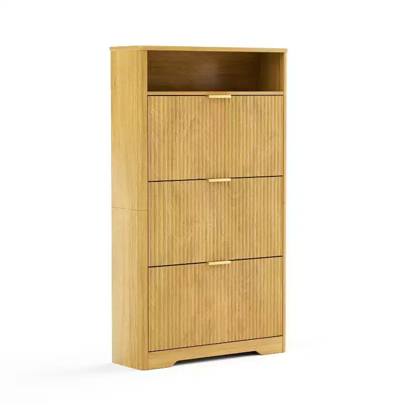 Meuble à chaussures autoportant de 54 po de hauteur - Panneaux de particules naturels + MDF, 3 tiroirs à abattant, étagères réglables, rangement caché pour entrée