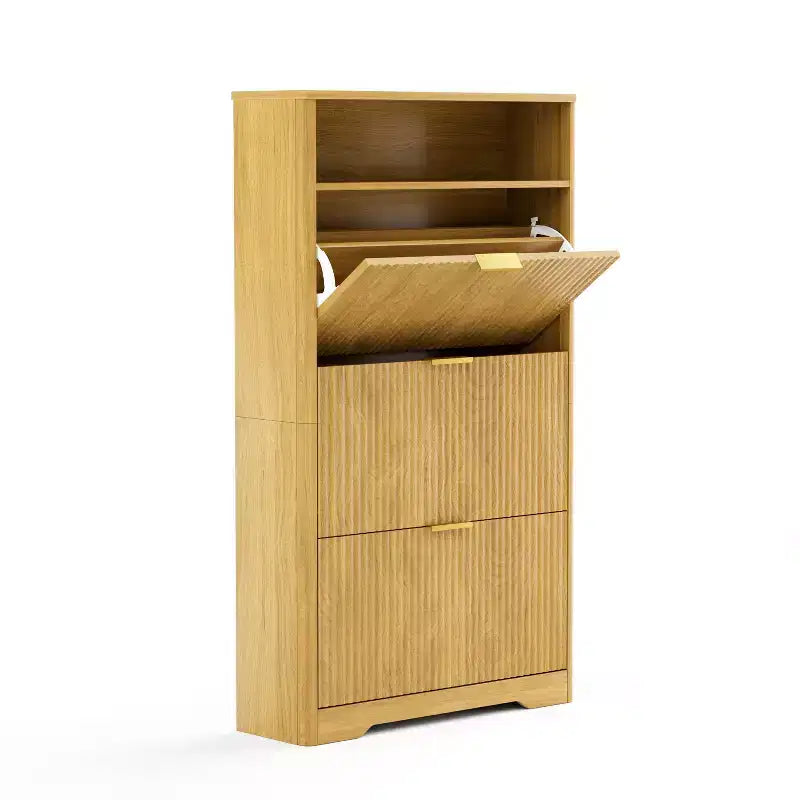 Meuble à chaussures autoportant de 54 po de hauteur - Panneaux de particules naturels + MDF, 3 tiroirs à abattant, étagères réglables, rangement caché pour entrée