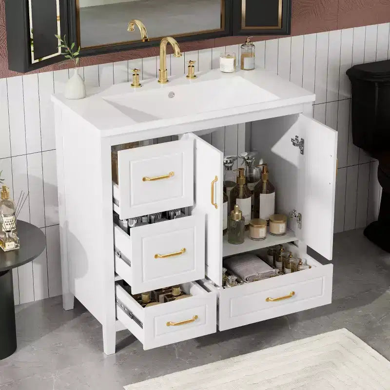 Meuble-lavabo de 36 pouces avec lavabo, meuble bas avec portes à fermeture amortie, 4 tiroirs à fermeture amortie et poignées en métal