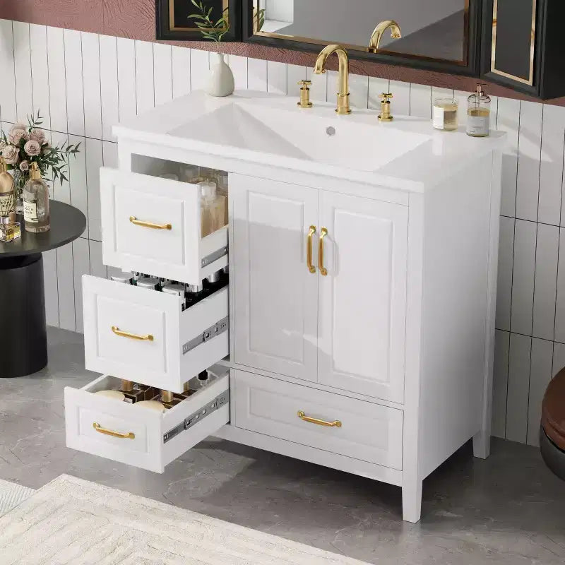 Meuble-lavabo de 36 pouces avec lavabo, meuble bas avec portes à fermeture amortie, 4 tiroirs à fermeture amortie et poignées en métal