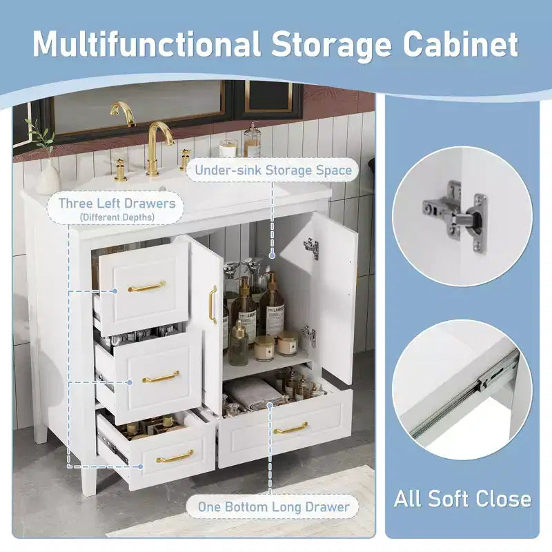 Meuble-lavabo de 36 pouces avec lavabo, meuble bas avec portes à fermeture amortie, 4 tiroirs à fermeture amortie et poignées en métal