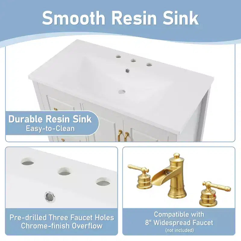 Meuble-lavabo de 36 pouces avec lavabo, meuble bas avec portes à fermeture amortie, 4 tiroirs à fermeture amortie et poignées en métal
