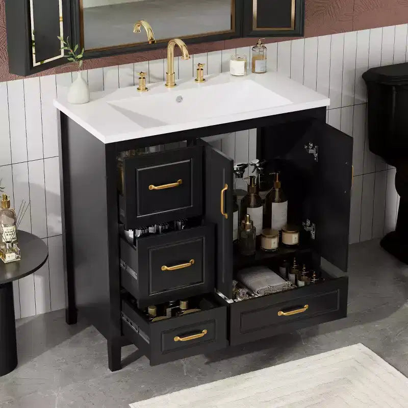 Meuble-lavabo de 36 pouces avec lavabo, meuble bas avec portes à fermeture amortie, 4 tiroirs à fermeture amortie et poignées en métal