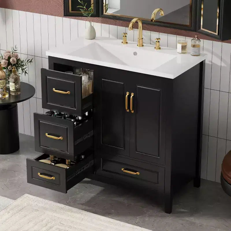 Meuble-lavabo de 36 pouces avec lavabo, meuble bas avec portes à fermeture amortie, 4 tiroirs à fermeture amortie et poignées en métal