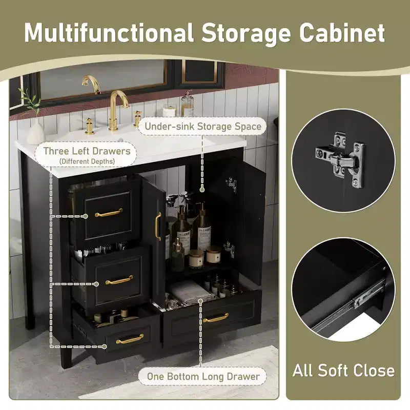 Meuble-lavabo de 36 pouces avec lavabo, meuble bas avec portes à fermeture amortie, 4 tiroirs à fermeture amortie et poignées en métal