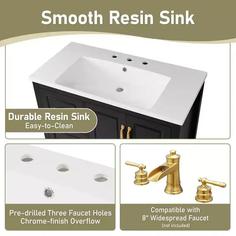 Meuble-lavabo de 36 pouces avec lavabo, meuble bas avec portes à fermeture amortie, 4 tiroirs à fermeture amortie et poignées en métal