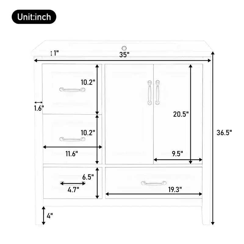 Meuble-lavabo de 36 pouces avec lavabo, meuble bas avec portes à fermeture amortie, 4 tiroirs à fermeture amortie et poignées en métal