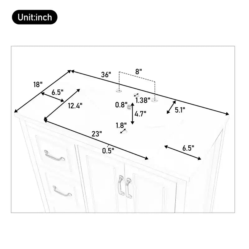 Meuble-lavabo de 36 pouces avec lavabo, meuble bas avec portes à fermeture amortie, 4 tiroirs à fermeture amortie et poignées en métal