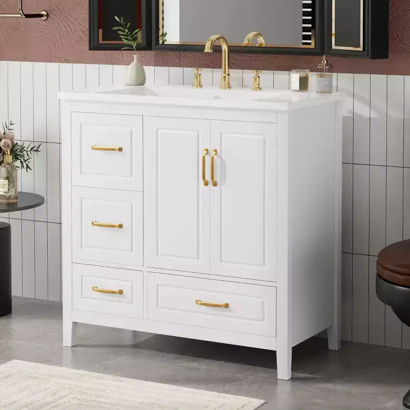 Meuble-lavabo de 36 pouces avec lavabo, meuble bas avec portes à fermeture amortie, 4 tiroirs à fermeture amortie et poignées en métal