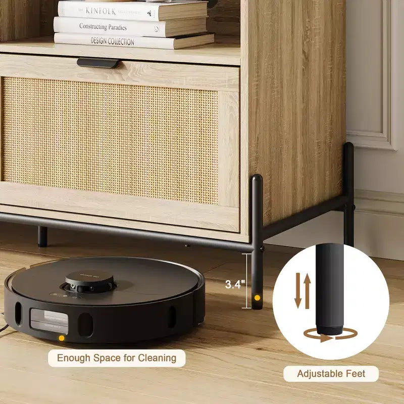 Meuble TV moderne en rotin pour téléviseur 75". Meuble console en bois avec 3 tiroirs et étagères ouvertes