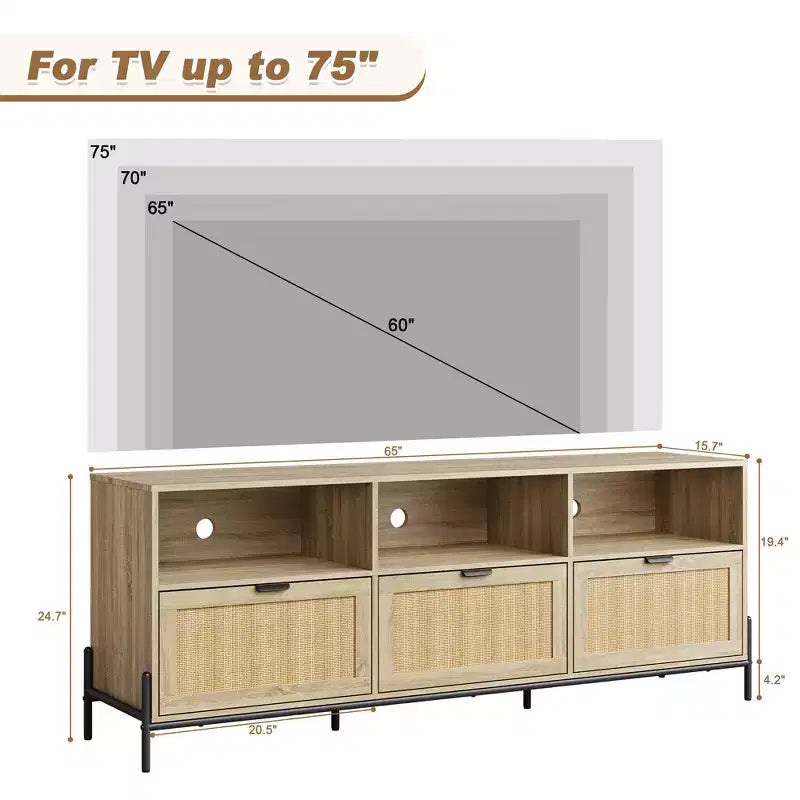 Meuble TV moderne en rotin pour téléviseur 75". Meuble console en bois avec 3 tiroirs et étagères ouvertes