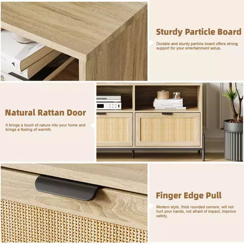 Meuble TV moderne en rotin pour téléviseur 75". Meuble console en bois avec 3 tiroirs et étagères ouvertes