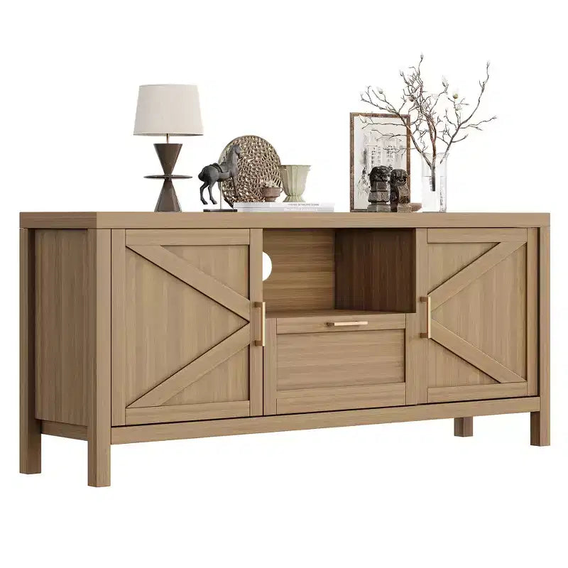 Meuble TV de ferme pour téléviseurs 55/65 pouces, meuble de divertissement de 150 cm avec 2 armoires à portes et étagères réglables, console média couleur noyer pour salon
