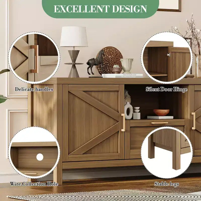 Meuble TV de ferme pour téléviseurs 55/65 pouces, meuble de divertissement de 150 cm avec 2 armoires à portes et étagères réglables, console média couleur noyer pour salon