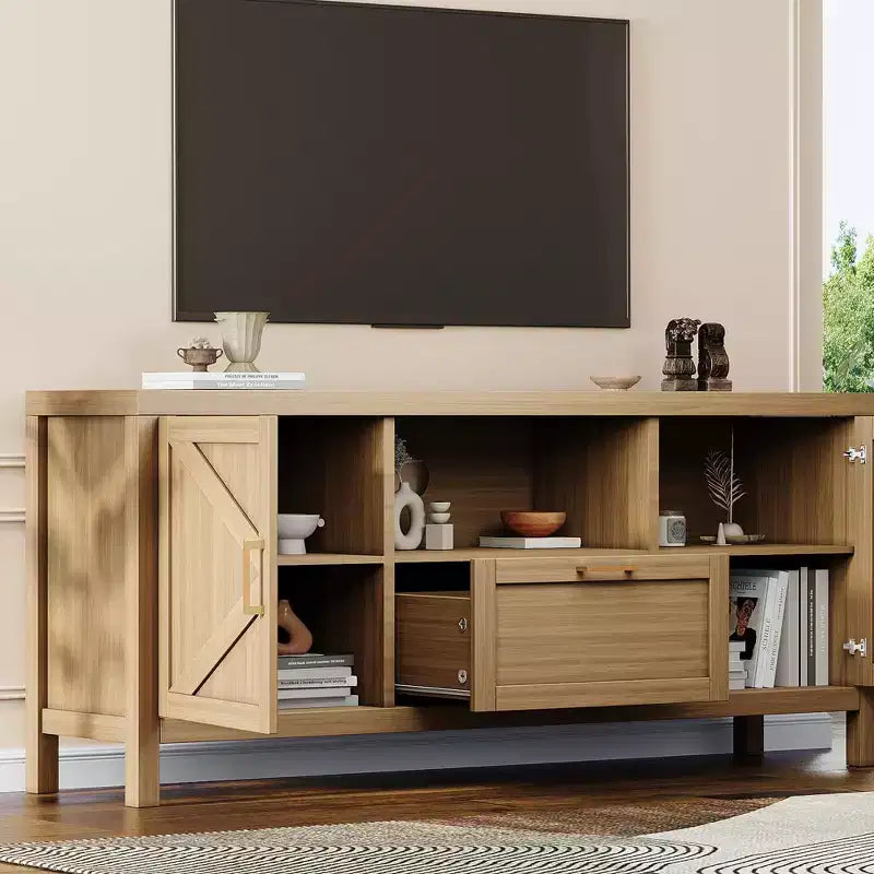 Meuble TV de ferme pour téléviseurs 55/65 pouces, meuble de divertissement de 150 cm avec 2 armoires à portes et étagères réglables, console média couleur noyer pour salon