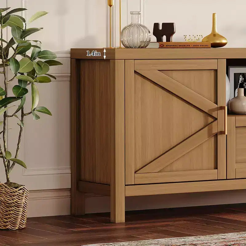 Meuble TV de ferme pour téléviseurs 55/65 pouces, meuble de divertissement de 150 cm avec 2 armoires à portes et étagères réglables, console média couleur noyer pour salon
