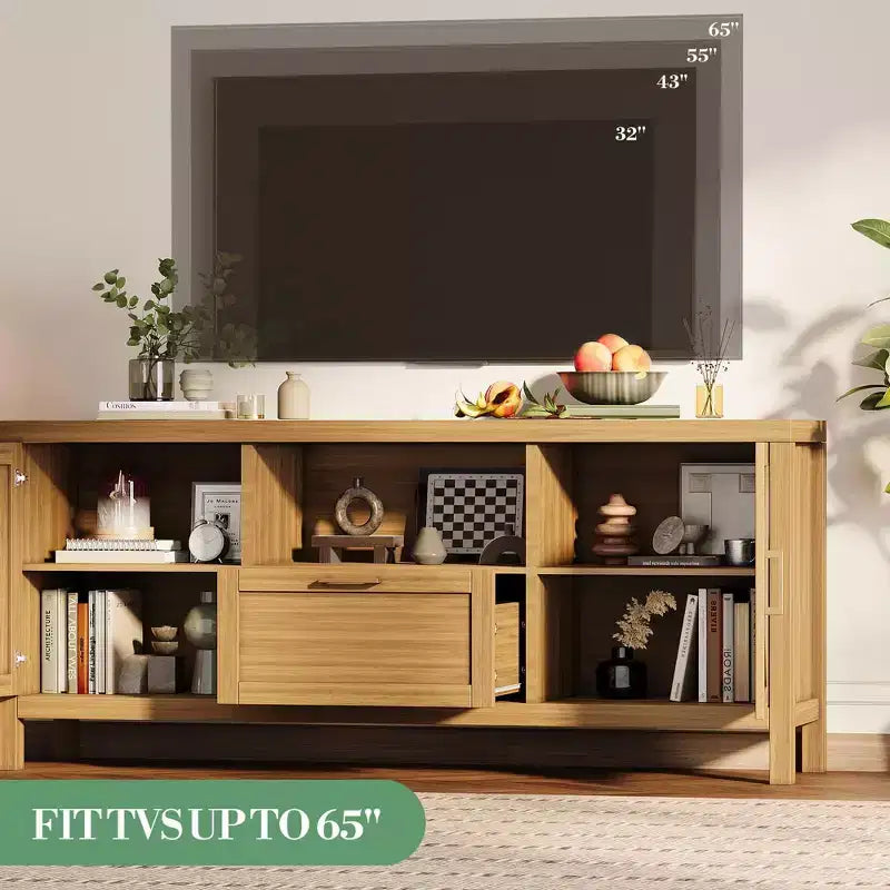 Meuble TV de ferme pour téléviseurs 55/65 pouces, meuble de divertissement de 150 cm avec 2 armoires à portes et étagères réglables, console média couleur noyer pour salon