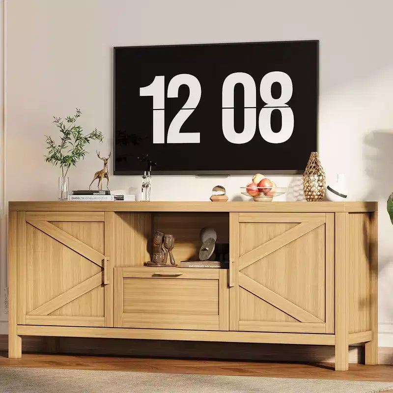 Meuble TV de ferme pour téléviseurs 55/65 pouces, meuble de divertissement de 150 cm avec 2 armoires à portes et étagères réglables, console média couleur noyer pour salon