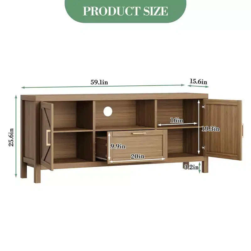 Meuble TV de ferme pour téléviseurs 55/65 pouces, meuble de divertissement de 150 cm avec 2 armoires à portes et étagères réglables, console média couleur noyer pour salon