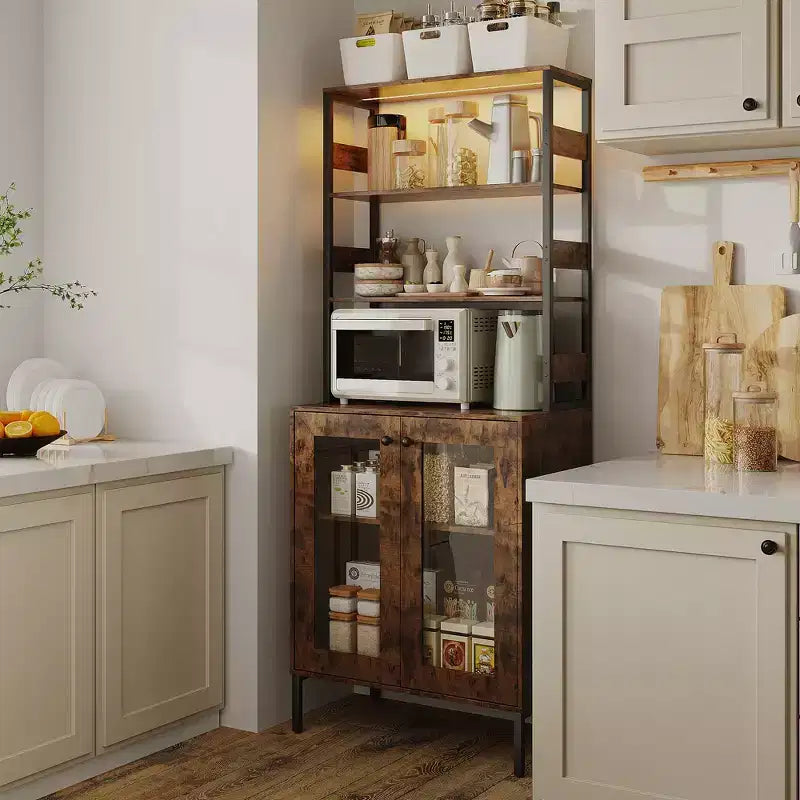 Armoire de cuisine multifonctionnelle avec prises et éclairage LED, rangement à portes vitrées