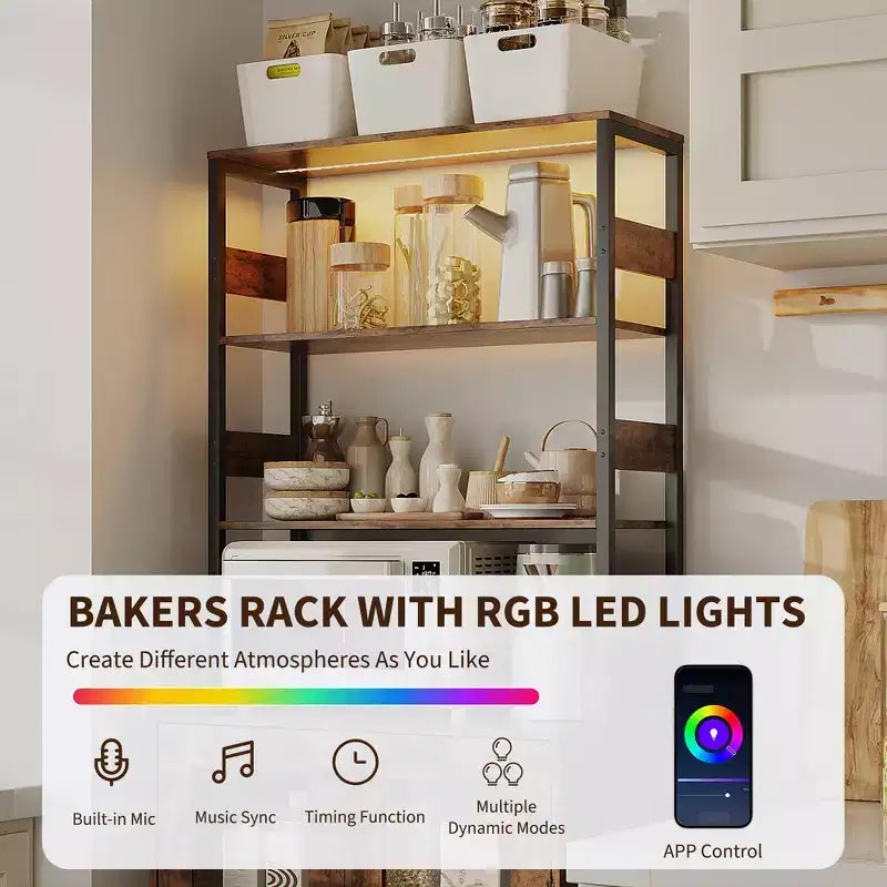 Armoire de cuisine multifonctionnelle avec prises et éclairage LED, rangement à portes vitrées