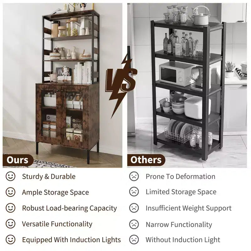 Armoire de cuisine multifonctionnelle avec prises et éclairage LED, rangement à portes vitrées