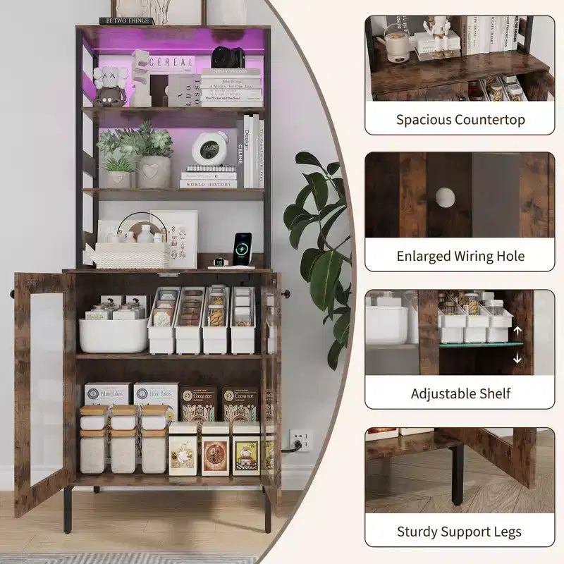 Armoire de cuisine multifonctionnelle avec prises et éclairage LED, rangement à portes vitrées