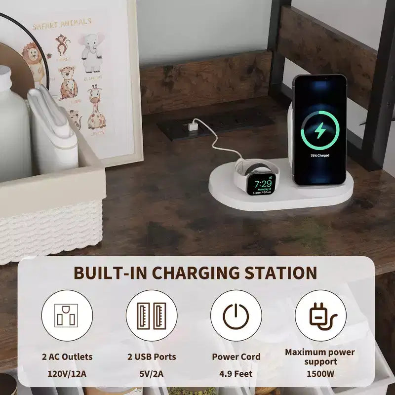 Armoire de cuisine multifonctionnelle avec prises et éclairage LED, rangement à portes vitrées