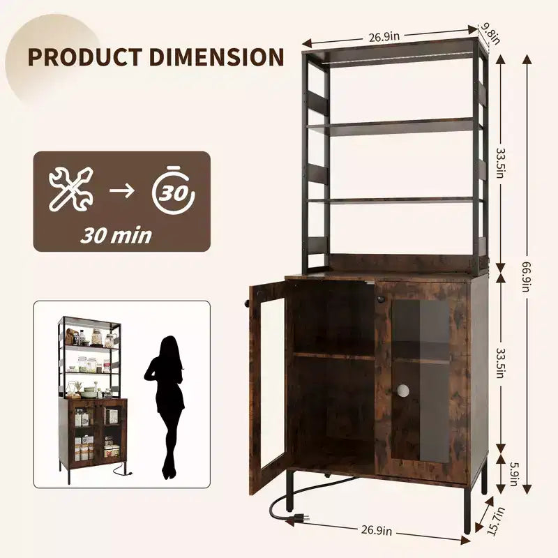 Armoire de cuisine multifonctionnelle avec prises et éclairage LED, rangement à portes vitrées