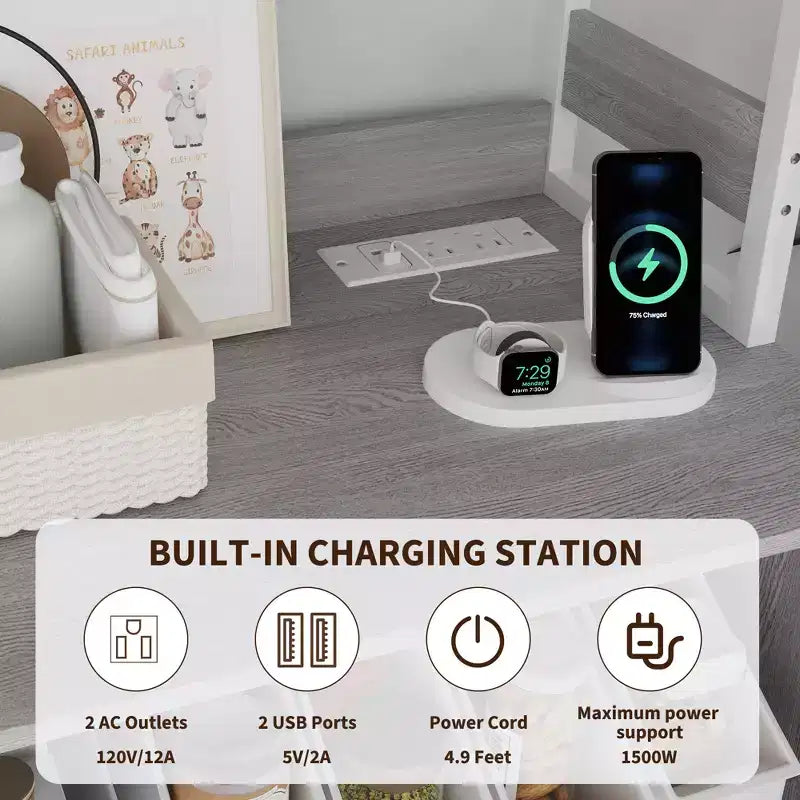 Armoire de cuisine multifonctionnelle avec prises et éclairage LED, rangement à portes vitrées