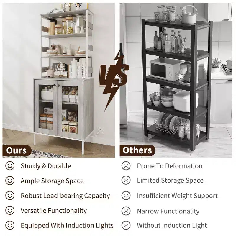 Armoire de cuisine multifonctionnelle avec prises et éclairage LED, rangement à portes vitrées