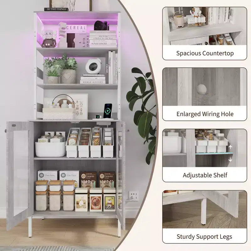 Armoire de cuisine multifonctionnelle avec prises et éclairage LED, rangement à portes vitrées