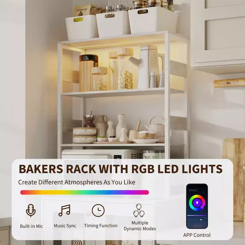 Armoire de cuisine multifonctionnelle avec prises et éclairage LED, rangement à portes vitrées