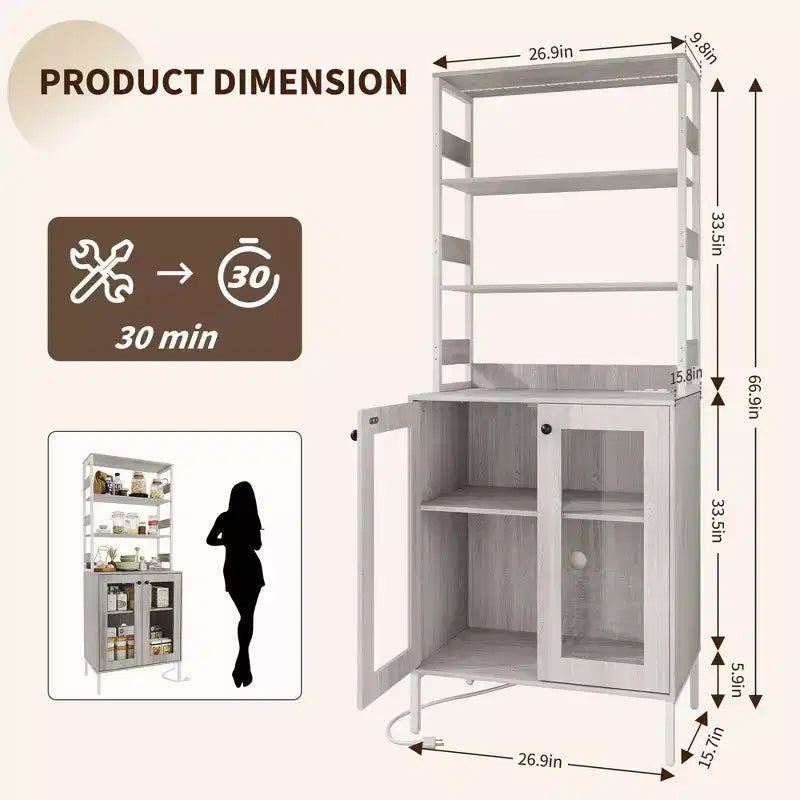 Armoire de cuisine multifonctionnelle avec prises et éclairage LED, rangement à portes vitrées