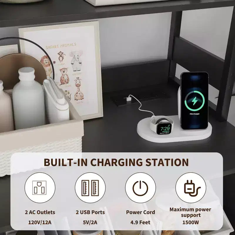 Armoire de cuisine multifonctionnelle avec prises et éclairage LED, rangement à portes vitrées