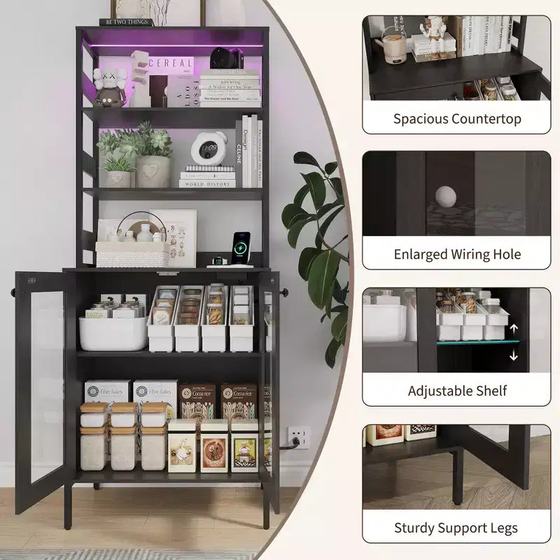 Armoire de cuisine multifonctionnelle avec prises et éclairage LED, rangement à portes vitrées