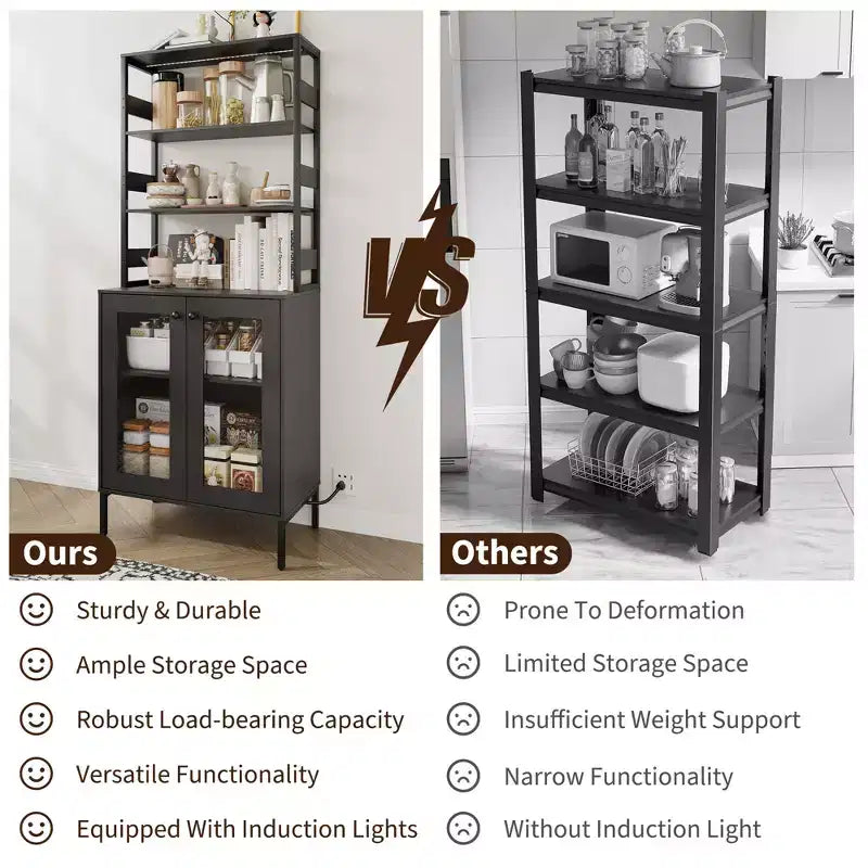 Armoire de cuisine multifonctionnelle avec prises et éclairage LED, rangement à portes vitrées