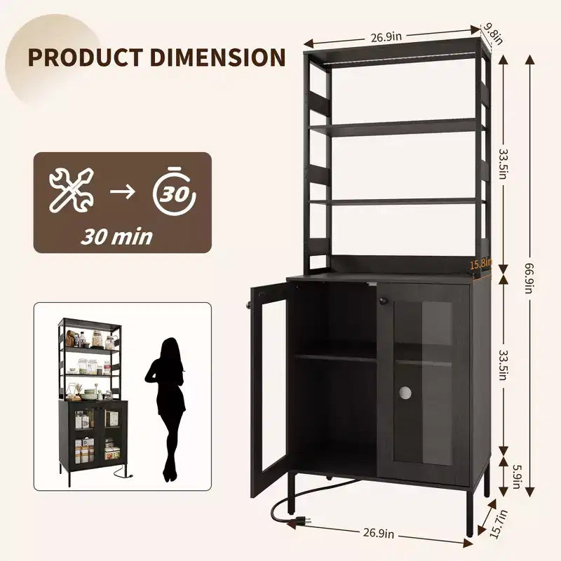 Armoire de cuisine multifonctionnelle avec prises et éclairage LED, rangement à portes vitrées