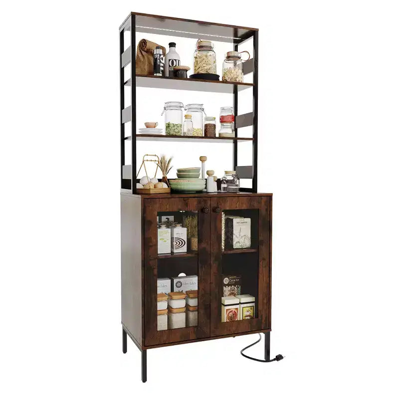Armoire de cuisine multifonctionnelle avec prises et éclairage LED, rangement à portes vitrées