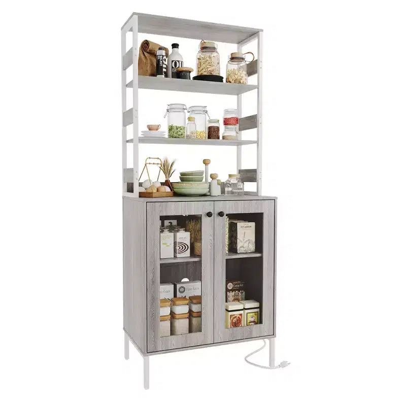 Armoire de cuisine multifonctionnelle avec prises et éclairage LED, rangement à portes vitrées