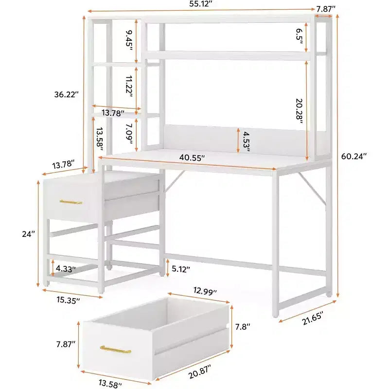 Table de rangement de bureau, grand bureau informatique avec étagère, 2 tiroirs et étagères ouvertes, table d'écriture moderne pour bureau à domicile, étude, chambre, blanc
