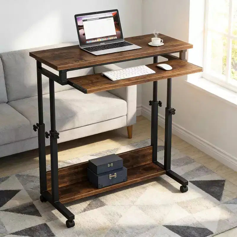Bureau mobile avec roulettes, table d'ordinateur portable roulante avec tiroir clavier escamotable, bureau debout réglable en hauteur pour bureau à domicile, étude, chambre à coucher