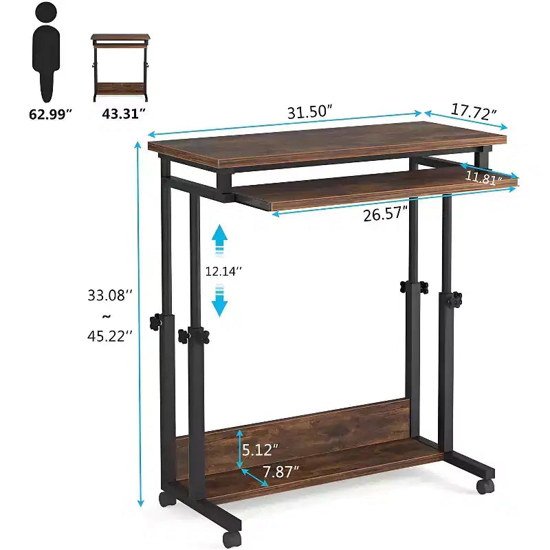 Bureau mobile avec roulettes, table d'ordinateur portable roulante avec tiroir clavier escamotable, bureau debout réglable en hauteur pour bureau à domicile, étude, chambre à coucher