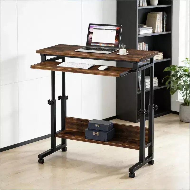 Bureau mobile avec roulettes, table d'ordinateur portable roulante avec tiroir clavier escamotable, bureau debout réglable en hauteur pour bureau à domicile, étude, chambre à coucher