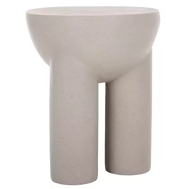 Table d'appoint ronde, grise, motif tambour sculptural